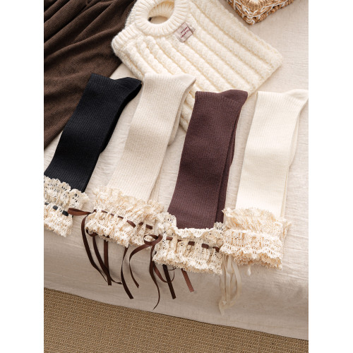 秋冬咖色蕾絲花邊中筒襪女奶白色竪紋顯瘦加厚保暖lolita小腿襪子 秋冬咖色蕾絲花邊中筒襪女奶白色竪紋顯瘦加厚保暖lolita小腿襪子