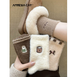 水貂絨襪子女秋冬季加厚保暖珊瑚絨月子襪居家可愛冬天毛絨睡眠襪