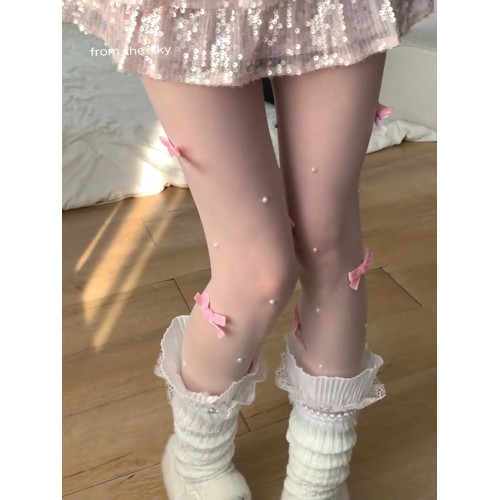 【4雙裝】日系芭蕾風粉色蝴蝶結手工珍珠洛麗塔春秋新款白絲襪子 【4雙裝】日系芭蕾風粉色蝴蝶結手工珍珠洛麗塔春秋新款白絲襪子