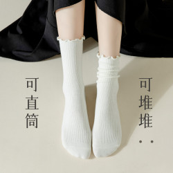 大碼襪子女中筒春秋款純棉41加肥加大秋冬木耳花邊堆堆月子長襪43