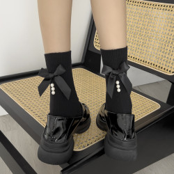 後跟蝴蝶結襪子女秋冬新款日系可愛甜美學院風珍珠中筒襪外穿ins