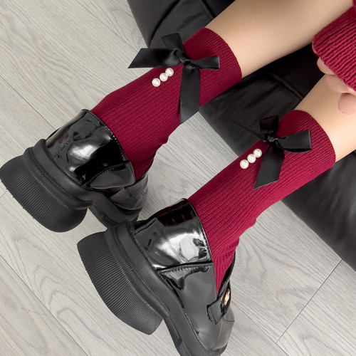 後跟蝴蝶結襪子女秋冬新款日系可愛甜美學院風珍珠中筒襪外穿ins 後跟蝴蝶結襪子女秋冬新款日系可愛甜美學院風珍珠中筒襪外穿ins