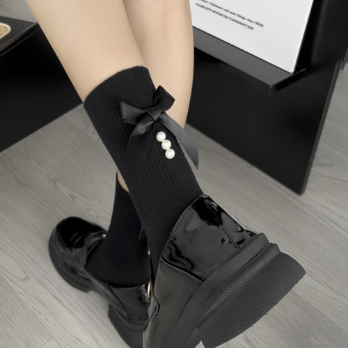 後跟蝴蝶結襪子女秋冬新款日系可愛甜美學院風珍珠中筒襪外穿ins 後跟蝴蝶結襪子女秋冬新款日系可愛甜美學院風珍珠中筒襪外穿ins