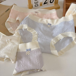 淺色提花純棉內檔女生中腰軟糯舒適透氣包臀少女內褲蝴蝶結甜美