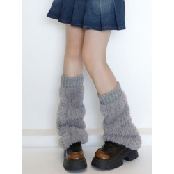 秋冬保暖毛絨濶腿襪套咖啡美拉德風仿皮草拼接條紋針織腿套格雷系