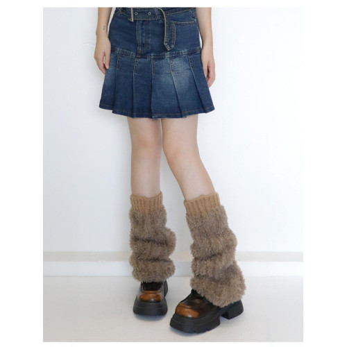 秋冬保暖毛絨濶腿襪套咖啡美拉德風仿皮草拼接條紋針織腿套格雷系 秋冬保暖毛絨濶腿襪套咖啡美拉德風仿皮草拼接條紋針織腿套格雷系