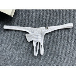 開口短象鼻男士性感低腰丁字褲冰絲薄款鏤空男同床上細帶純色內褲