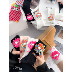 粉色可愛襪子女中筒襪秋冬手工毛線醜萌可愛玫紅長筒堆堆襪雪地靴