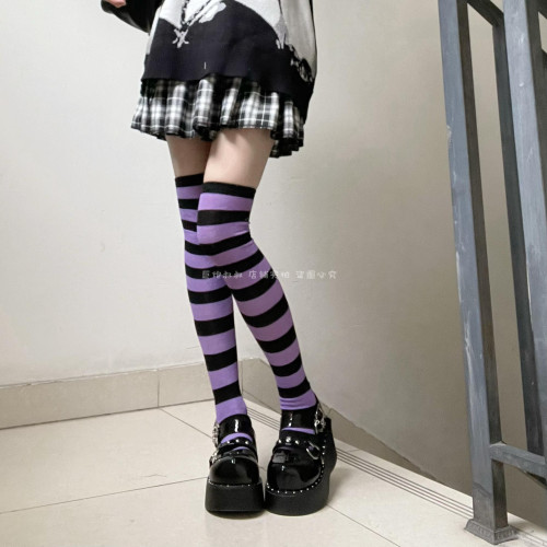 黑灰條紋過膝襪日系cosplay動漫亞比龐克y2k辣妹黑白顯瘦jk大腿襪