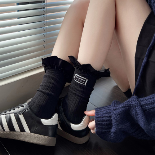 白色蕾絲花邊小腿襪日系秋冬棉質加厚堆堆襪小香風黑色中筒短襪子 白色蕾絲花邊小腿襪日系秋冬棉質加厚堆堆襪小香風黑色中筒短襪子