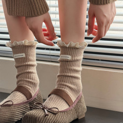 淺灰色小腿襪女秋冬款蕾絲花邊短襪子加厚保暖羊毛白色中筒堆堆襪