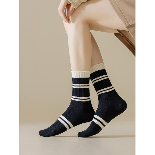 5雙黑白條紋襪子女中筒襪春秋純棉透氣防臭長襪高腰配芭比褲ins潮 5雙黑白條紋襪子女中筒襪春秋純棉透氣防臭長襪高腰配芭比褲ins潮