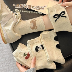 可愛襪子女中筒襪點子紗純色春秋款小熊ins潮韓國卡通日系彩點襪