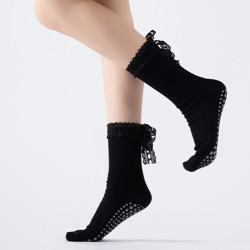 蕾絲綁帶瑜珈襪子防滑專業女中筒健身地板襪成人防滑襪普拉提襪子