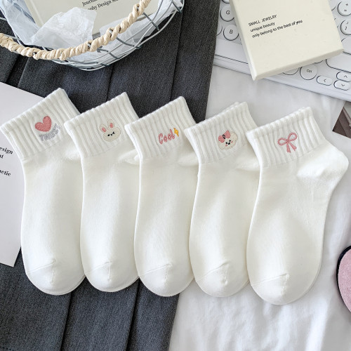 可愛粉色刺綉襪子女純棉短襪春秋夏季低幫短筒運動風奶白卡通透氣