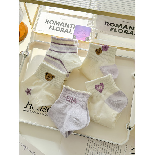 紫色小熊襪子女短襪春夏季薄款棉襪防臭短筒春秋船襪運動可愛日系