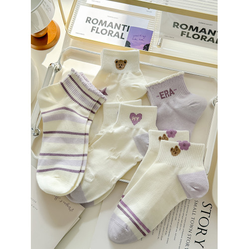 紫色小熊襪子女短襪春夏季薄款棉襪防臭短筒春秋船襪運動可愛日系