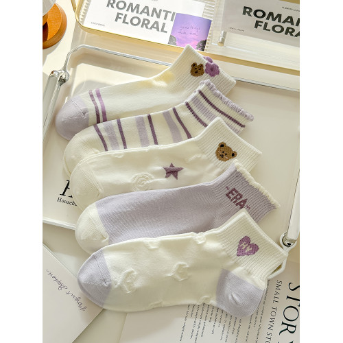 紫色小熊襪子女短襪春夏季薄款棉襪防臭短筒春秋船襪運動可愛日系