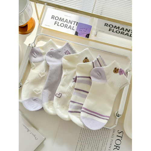 紫色小熊襪子女短襪春夏季薄款棉襪防臭短筒春秋船襪運動可愛日系