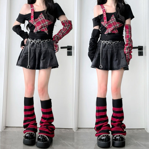 黑紅條紋亞文化個性喇叭襪套ins百搭y2k澁穀辣妹亞比針織保暖腿套