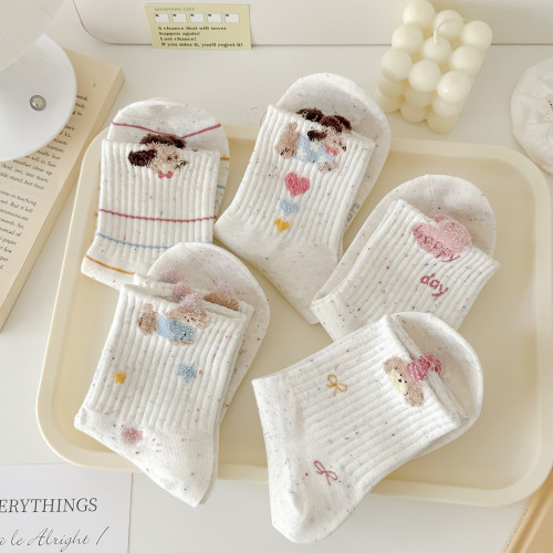 秋冬新款點子紗襪子女中筒襪毛絨狗運動風透氣韓版ins潮可愛卡通