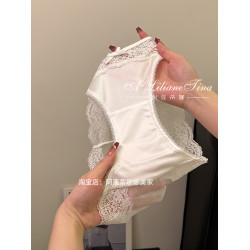 純真白色法式輕奢復古緞面蕾絲內褲女2025新款性感高級低腰三角褲