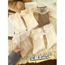 蕾絲蝴蝶結襪子女秋冬季芭蕾風miu裡miu氣中筒棉襪配Lolita堆堆襪