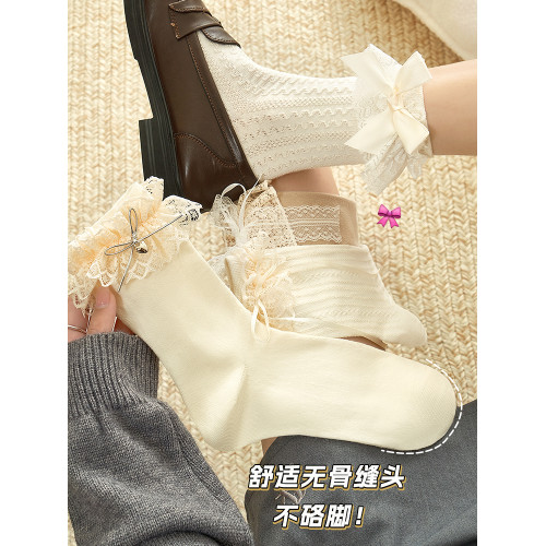 蕾絲蝴蝶結襪子女秋冬季芭蕾風miu裡miu氣中筒棉襪配Lolita堆堆襪 蕾絲蝴蝶結襪子女秋冬季芭蕾風miu裡miu氣中筒棉襪配Lolita堆堆襪