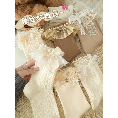 蕾絲蝴蝶結襪子女秋冬季芭蕾風miu裡miu氣中筒棉襪配Lolita堆堆襪 蕾絲蝴蝶結襪子女秋冬季芭蕾風miu裡miu氣中筒棉襪配Lolita堆堆襪