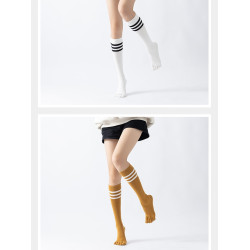 春秋新品五指長筒瑜珈襪女五趾條紋款高品質防滑保暖美腿襪三杠款