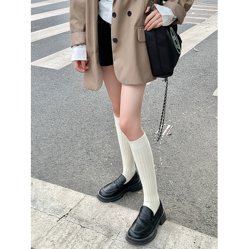 純色jk小腿襪女春秋簡約百搭顯瘦竪條紋長襪日系學院風及膝高筒襪