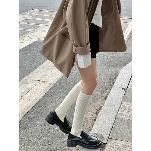 純色jk小腿襪女春秋簡約百搭顯瘦竪條紋長襪日系學院風及膝高筒襪