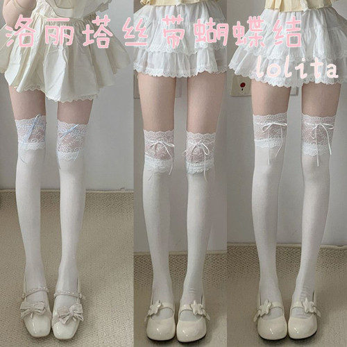 lolita襪子花邊蝴蝶結日系女過膝襪蕾絲高筒襪綁絲帶白色小腿襪子 lolita襪子花邊蝴蝶結日系女過膝襪蕾絲高筒襪綁絲帶白色小腿襪子
