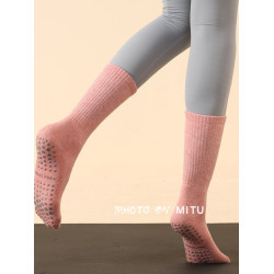 新款秋冬普拉提瑜珈襪子防滑專業女中筒毛圈厚膠印亮片黑色