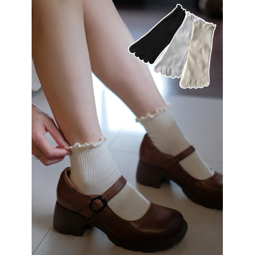 內田木耳邊寬松五指襪純棉春夏短筒學院風薄款不勒腳寬口女棉襪子 內田木耳邊寬松五指襪純棉春夏短筒學院風薄款不勒腳寬口女棉襪子