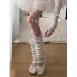 FLGG新款白色春秋手工連褲襪日系白絲襪子蝴蝶結芭蕾風珍珠