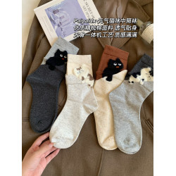 植絨毛小貓咪襪子女款秋冬純棉紗線中筒襪2025新款爆款加厚長筒襪
