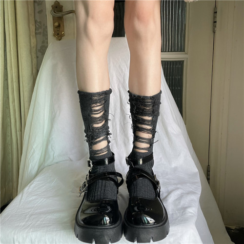 吾等是貓 乞丐襪破洞個性小腿襪潮黑白灰三色設計感剪裁ins短襪女