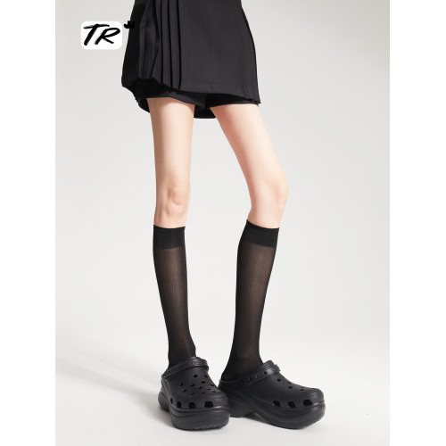 夏季薄款純色無骨細坑條長筒襪女光澤感灰色顯瘦日系jk小腿襪堆堆 夏季薄款純色無骨細坑條長筒襪女光澤感灰色顯瘦日系jk小腿襪堆堆