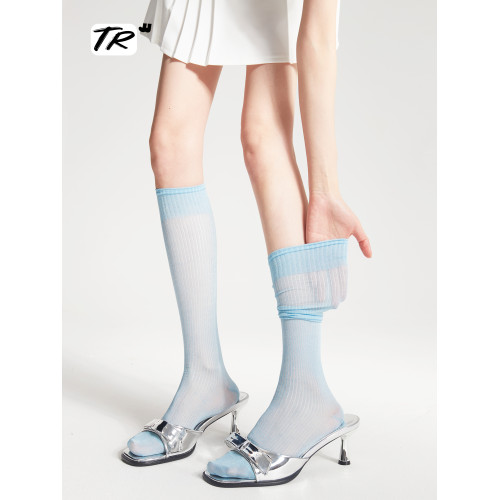 夏季薄款純色無骨細坑條長筒襪女光澤感灰色顯瘦日系jk小腿襪堆堆 夏季薄款純色無骨細坑條長筒襪女光澤感灰色顯瘦日系jk小腿襪堆堆