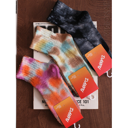 紥染漸變襪子男女小衆潮牌街頭粗針低幫短襪美式個性粗線中筒襪棉