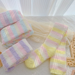 冰淇淋色珊瑚絨女過膝高筒襪地板襪軟綿綿毛絨保暖長筒襪睡眠襪子