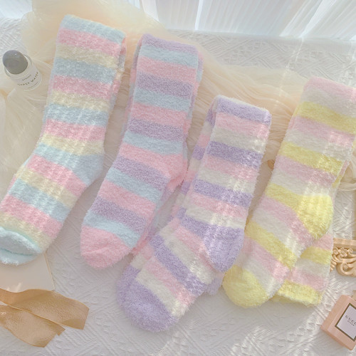 冰淇淋色珊瑚絨女過膝高筒襪地板襪軟綿綿毛絨保暖長筒襪睡眠襪子 冰淇淋色珊瑚絨女過膝高筒襪地板襪軟綿綿毛絨保暖長筒襪睡眠襪子