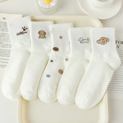 白色春秋襪子女中筒襪純棉可愛卡通狗狗秋冬韓版ins潮運動女款5雙