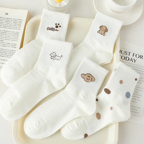 白色春秋襪子女中筒襪純棉可愛卡通狗狗秋冬韓版ins潮運動女款5雙 白色春秋襪子女中筒襪純棉可愛卡通狗狗秋冬韓版ins潮運動女款5雙