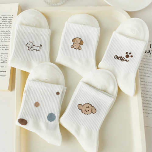 白色春秋襪子女中筒襪純棉可愛卡通狗狗秋冬韓版ins潮運動女款5雙 白色春秋襪子女中筒襪純棉可愛卡通狗狗秋冬韓版ins潮運動女款5雙