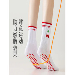 卡通瑜珈襪子棉襪女白色中筒襪網紅櫻桃專業防滑健身普拉提運動地