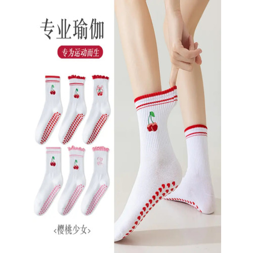 卡通瑜珈襪子棉襪女白色中筒襪網紅櫻桃專業防滑健身普拉提運動地 卡通瑜珈襪子棉襪女白色中筒襪網紅櫻桃專業防滑健身普拉提運動地