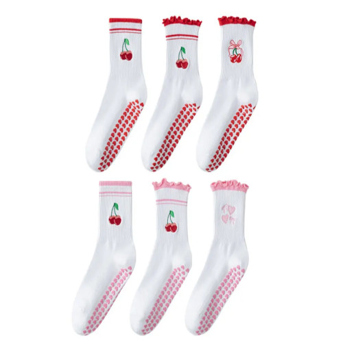 卡通瑜珈襪子棉襪女白色中筒襪網紅櫻桃專業防滑健身普拉提運動地 卡通瑜珈襪子棉襪女白色中筒襪網紅櫻桃專業防滑健身普拉提運動地
