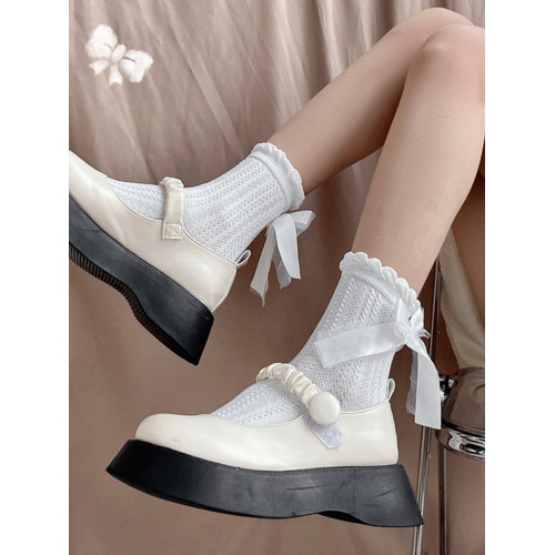 夜間教習室花邊襪子夏季薄款蕾絲蝴蝶結短襪中筒小腿襪白色jk女潮